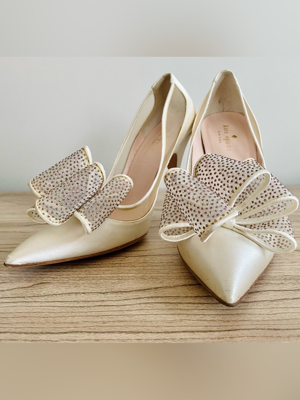 kate Spade Cream Satin Pointed-Toe Bow Pumps - Picture 2 of 6